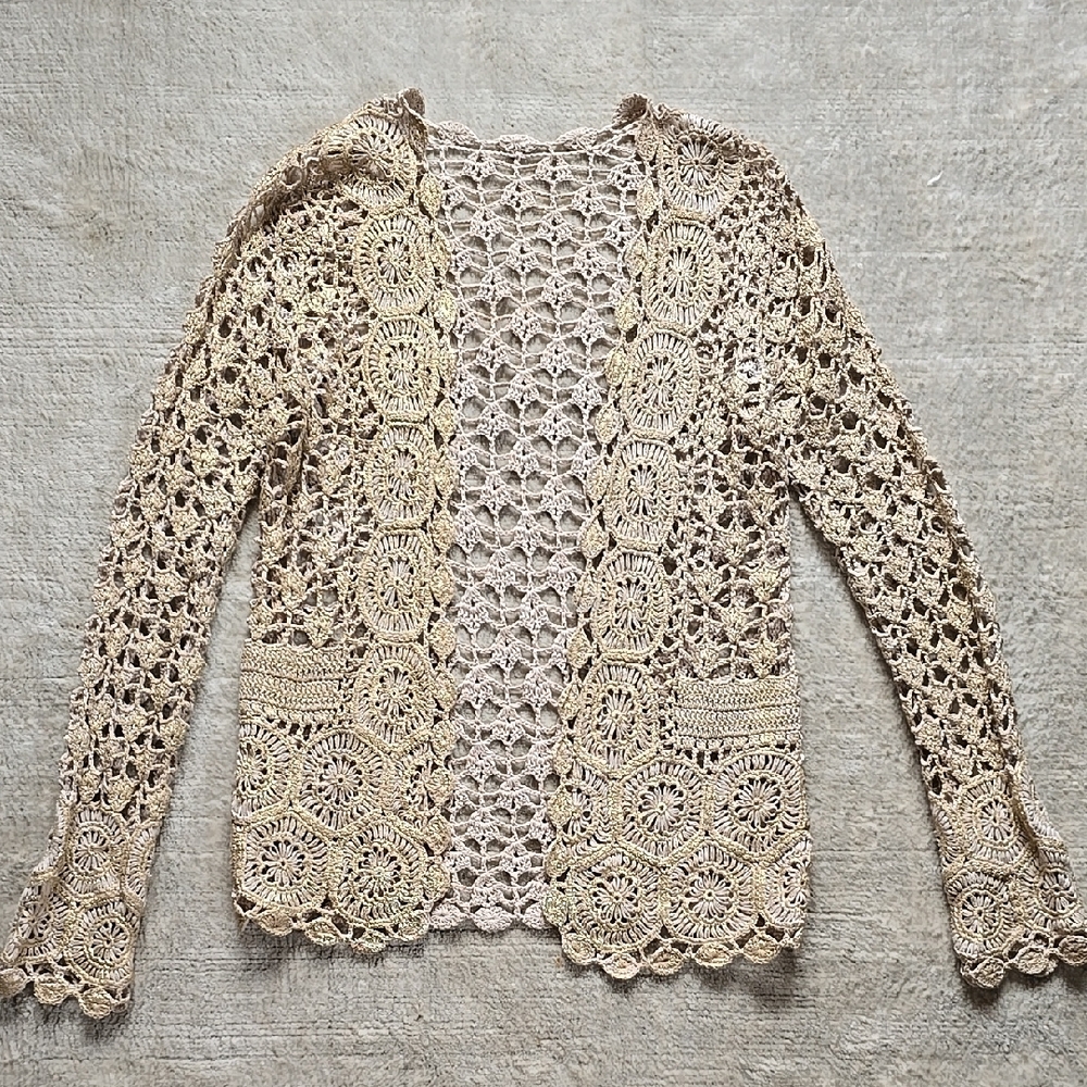 Chic Tan Cotton Crochet Open Cardigan With Gold Metallic Finish | XS